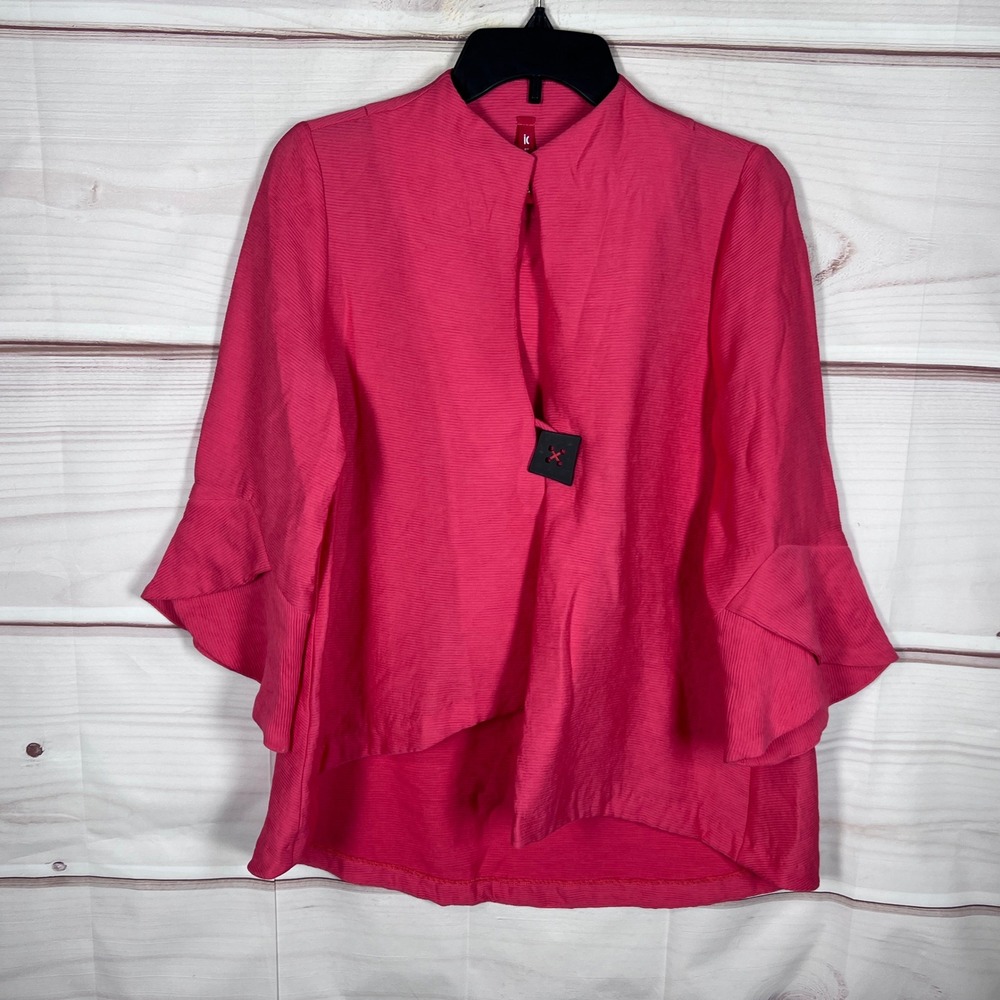 IC by Connie K Jacket Women Small Pink Bell Sleeve Textured Mock Neck Asymmetric
